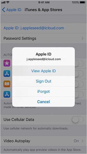 Опция просмотра Apple ID